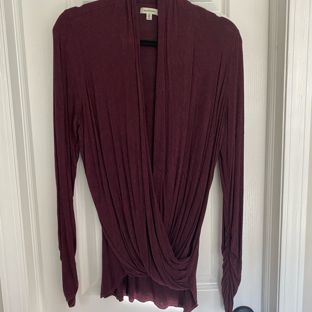 Max Studio Deep Red Knit Faux Wrap Top